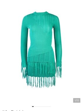 Teal Fringe Knit Long Sleeve Mini Dress